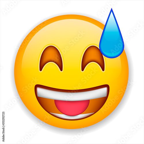 Smiling face or yellow emoticon. Happy smiley emoticon face. Joyful smiley laughs wide open mouth. Positive smiling ball. Vector illustration isolated on white background