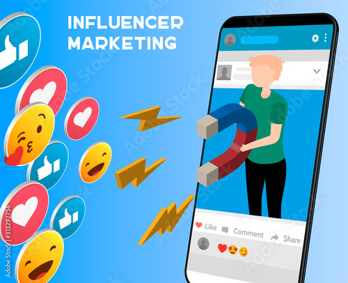 The powerful of influencer marketing Isometric flat vector landing page template of social media influencer, digital marketing strategy, promotional advertising campaign.
