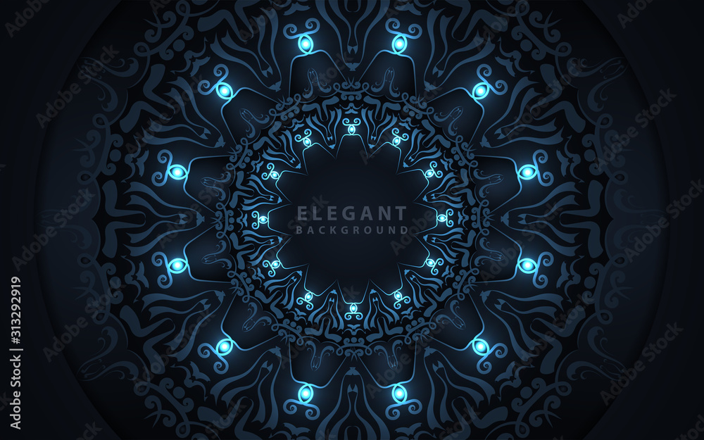 Dark blue abstract background with paper shapes overlap layers. Luxury and modern concept texture with mandala element decoration. Vector design template for use frame, cover, banner, card