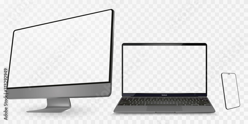 Computer display with two angles. Monitor, laptop, smartphone, realistic vector set on a transparent background