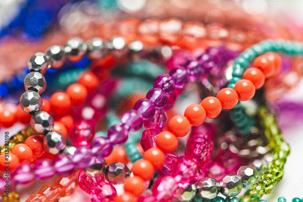 close up view of colorful hand made necklaces - Morocco