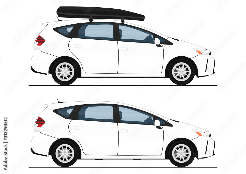 Modern station wagon. Side view of white station wagon with and without roof box. Flat vector. Modern station wagon. Side view of white station wagon with and without roof box. Flat vector.