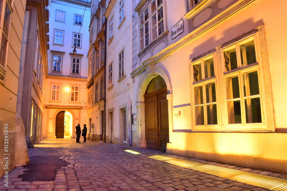 Domgasse narrow cobblestone street with historic baroque houses of old town Vienna.