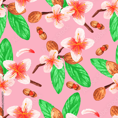 watercolor vegetable 2 seamless pattern of the branches nuts almonds for decoration design flowers leaves background is isolated