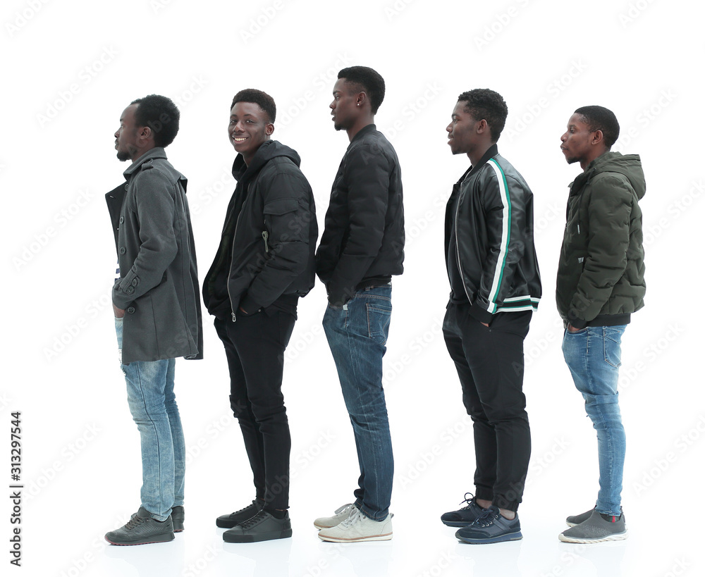group of diverse guys standing in turns . isolated on white group of diverse guys standing in turns . isolated on white