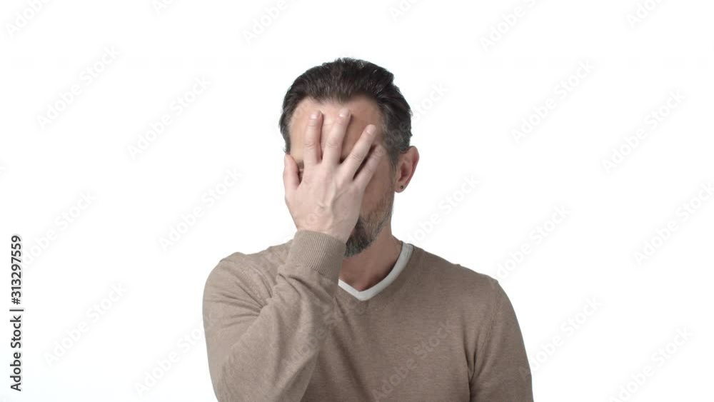 Failure, shame and disappointment concept. Slowmotion upset father, mature man with grey hair, punch himself, making facepalm, shaking head with disapproval, dissatisfied with something shameful