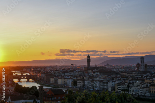 Panoramic view from Piazzale Michelangelo in Florence. Sunset over river Arno in Florence, Italy.