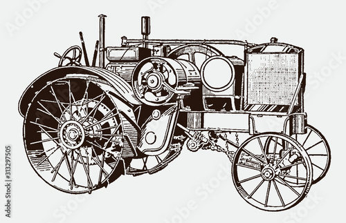 Historical kerosene tractor. Illustration after an engraving from the early 20th century