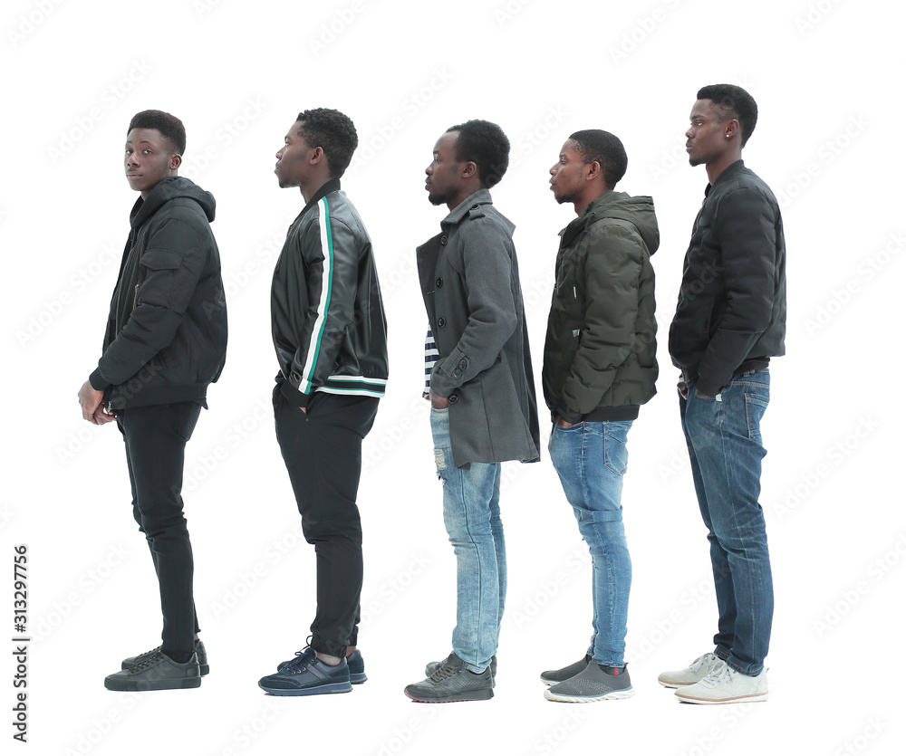 group of diverse guys standing in turns . isolated on white group of diverse guys standing in turns . isolated on white