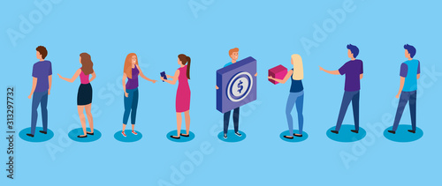 meeting young people and button with coin vector illustration design