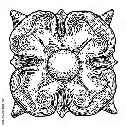 Beautiful hand drawn baroque elements or vintage patch for scarf, print or fabric design. Decorative marble stone architecture element. Circular floral style. Vector.