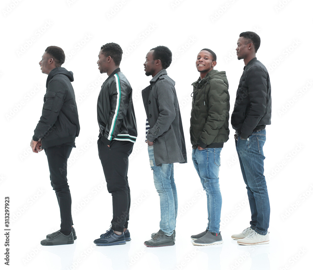 group of diverse guys standing in turns . isolated on white group of diverse guys standing in turns . isolated on white