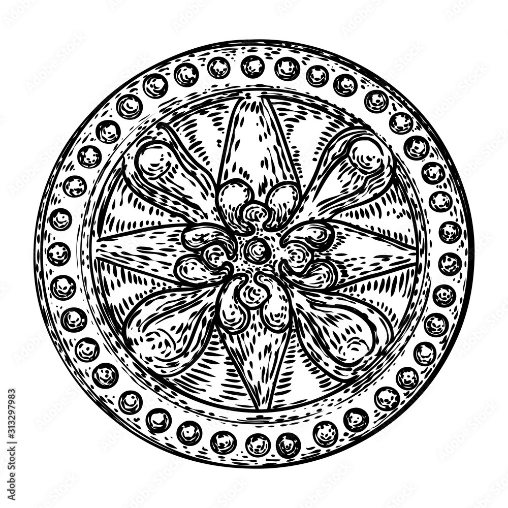 Vintage style floral circular design element. Flower rosette drawing for printing. Fashion pattern in black white for textile backgrounds. Vector.
