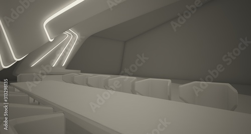 Abstract architectural smooth white interior of a minimalist house with swimming pool and neon lighting. 3D illustration and rendering.