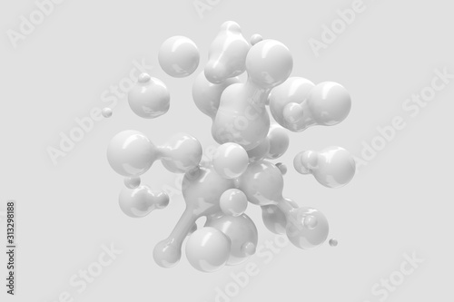 Abstract three-dimensional background of many flying droplets of viscous liquid. 3D illustration, 3D render. Stock illustration
