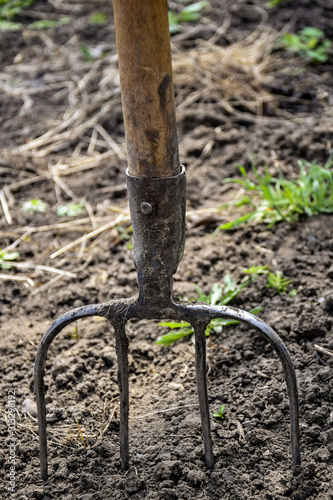Garden tools. Pitchfork stuck in the ground. Selective focus. Preparation for digging up the garden. Close-up.