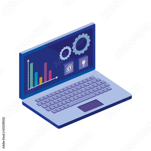 laptop computer with infographics and app menu vector illustration design