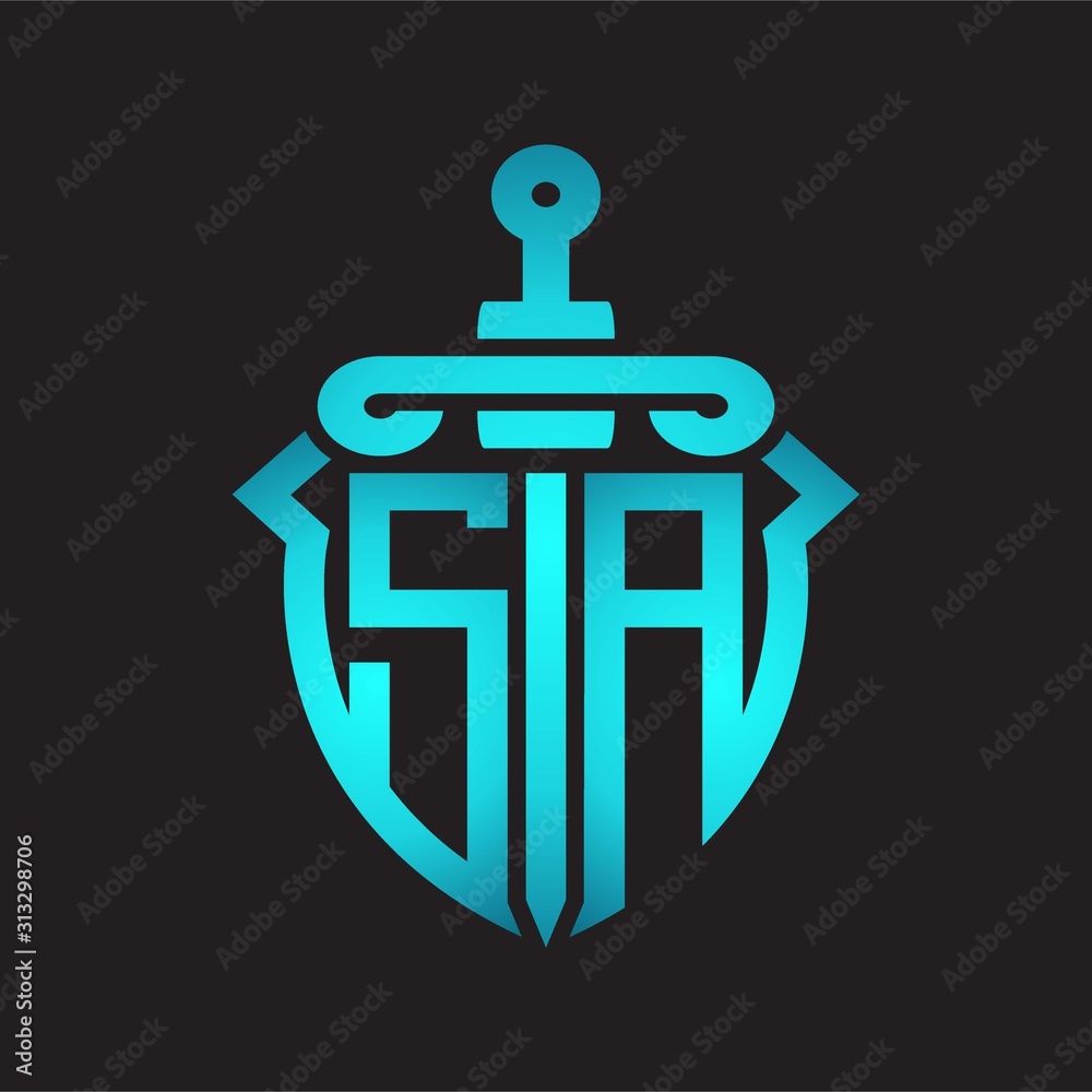 SA Logo monogram with sword and shield combination isolated blue colors gradient SA Logo monogram with sword and shield combination isolated blue colors gradient