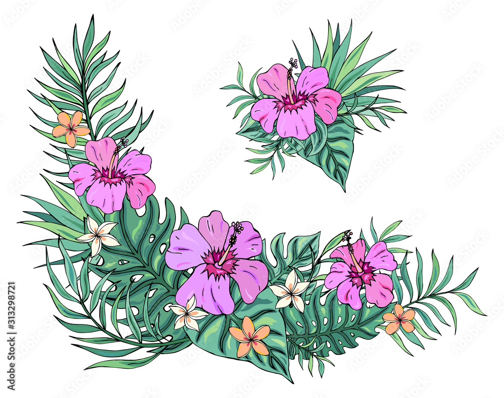 Tropical bouquet with plumeria, hibiscus and palm leaves. Vector isolated illustration on white background. Exotic set tropical garden for wedding invitations, greeting card and fashion design.