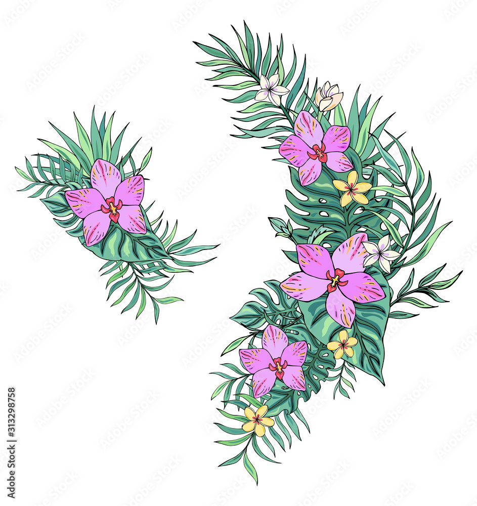 Tropical bouquet with plumeria, orchid and palm leaves. Vector isolated illustration on white background. Exotic set tropical garden for wedding invitations, greeting card and fashion design.