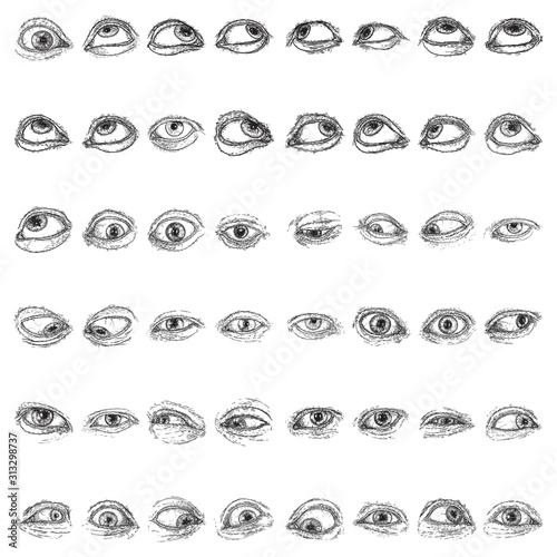 Set of human eyes for design of all seeing eye symbols variations. Alchemy, religion spirituality and occultism tattoo ink art collection. Vision of providence and third eye. Hand drawing vector.