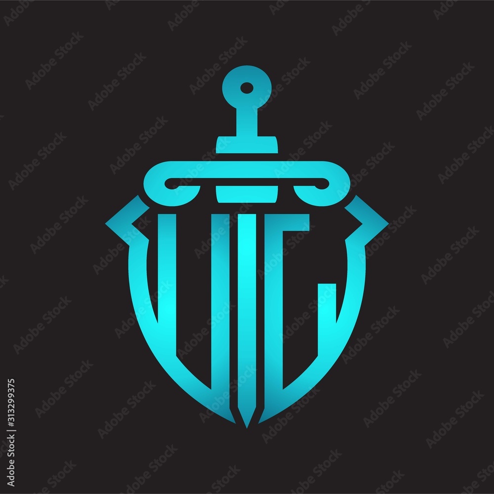 UL Logo monogram with sword and shield combination isolated blue colors gradient UL Logo monogram with sword and shield combination isolated blue colors gradient