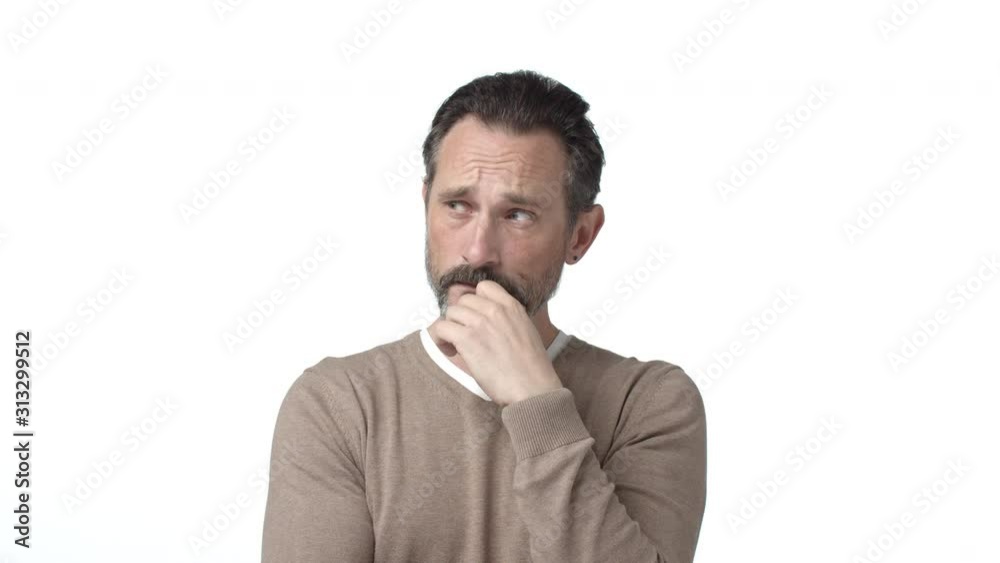 Teamwork, corporate and business concept. Slow-motion thoughtful handsome adult bearded man, father thinking, looking focused, making up plan, raising finger in eureka gesture, found solution Teamwork, corporate and business concept. Slow-motion thoughtful handsome adult bearded man, father thinking, looking focused, making up plan, raising finger in eureka gesture, found solution