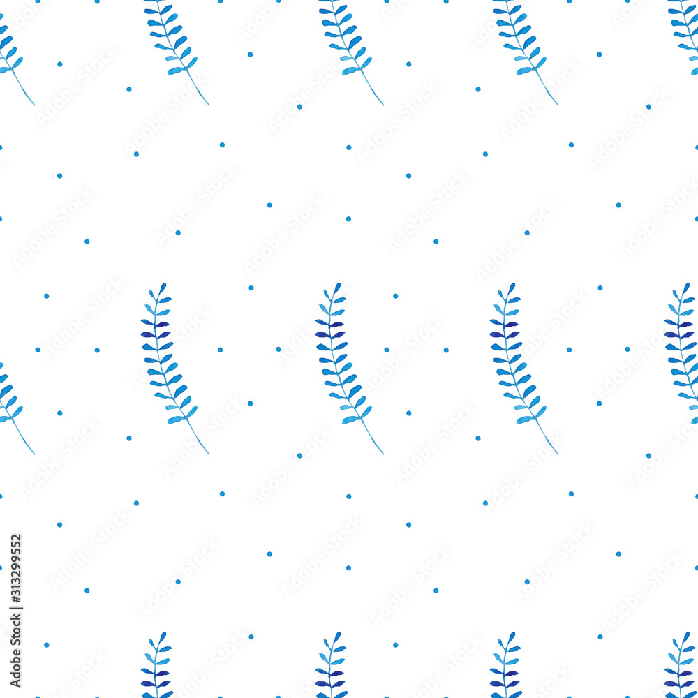 Obraz premium Seamless pattern of watercolor blue twigs on a white background. Use for invitations, birthdays, menus.