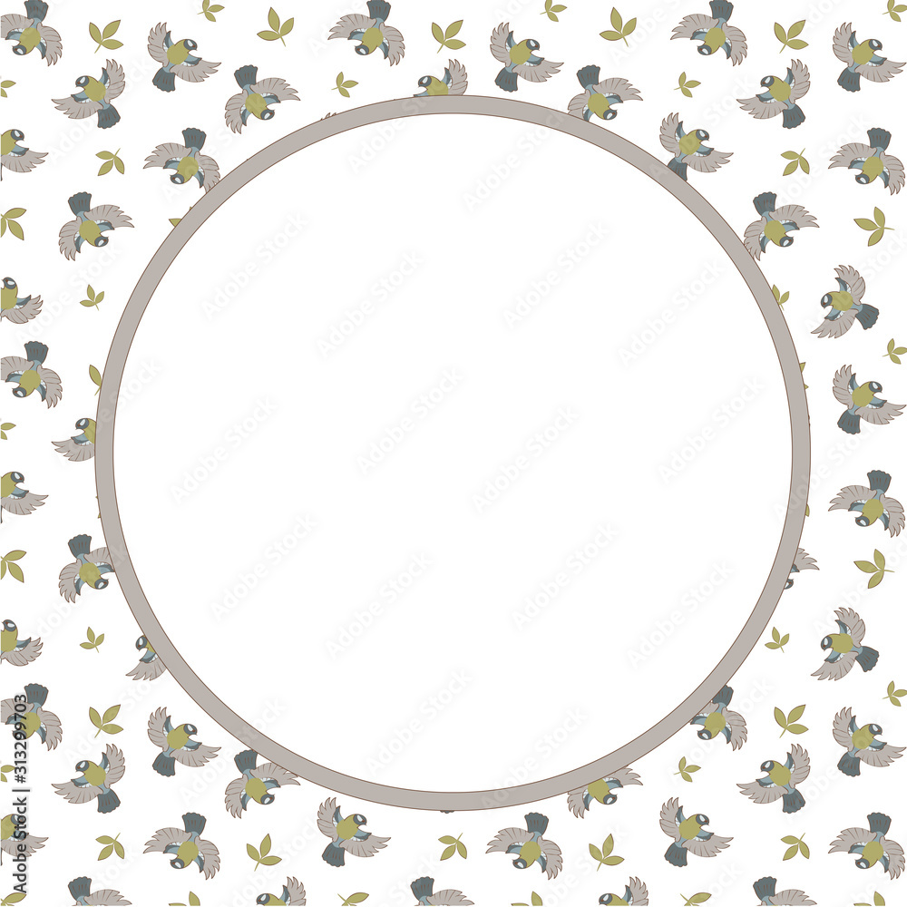 White empty circle for text. Background from a pattern with birds and leaves. Vector design illustration for greeting card. White empty circle for text. Background from a pattern with birds and leaves. Vector design illustration for greeting card.