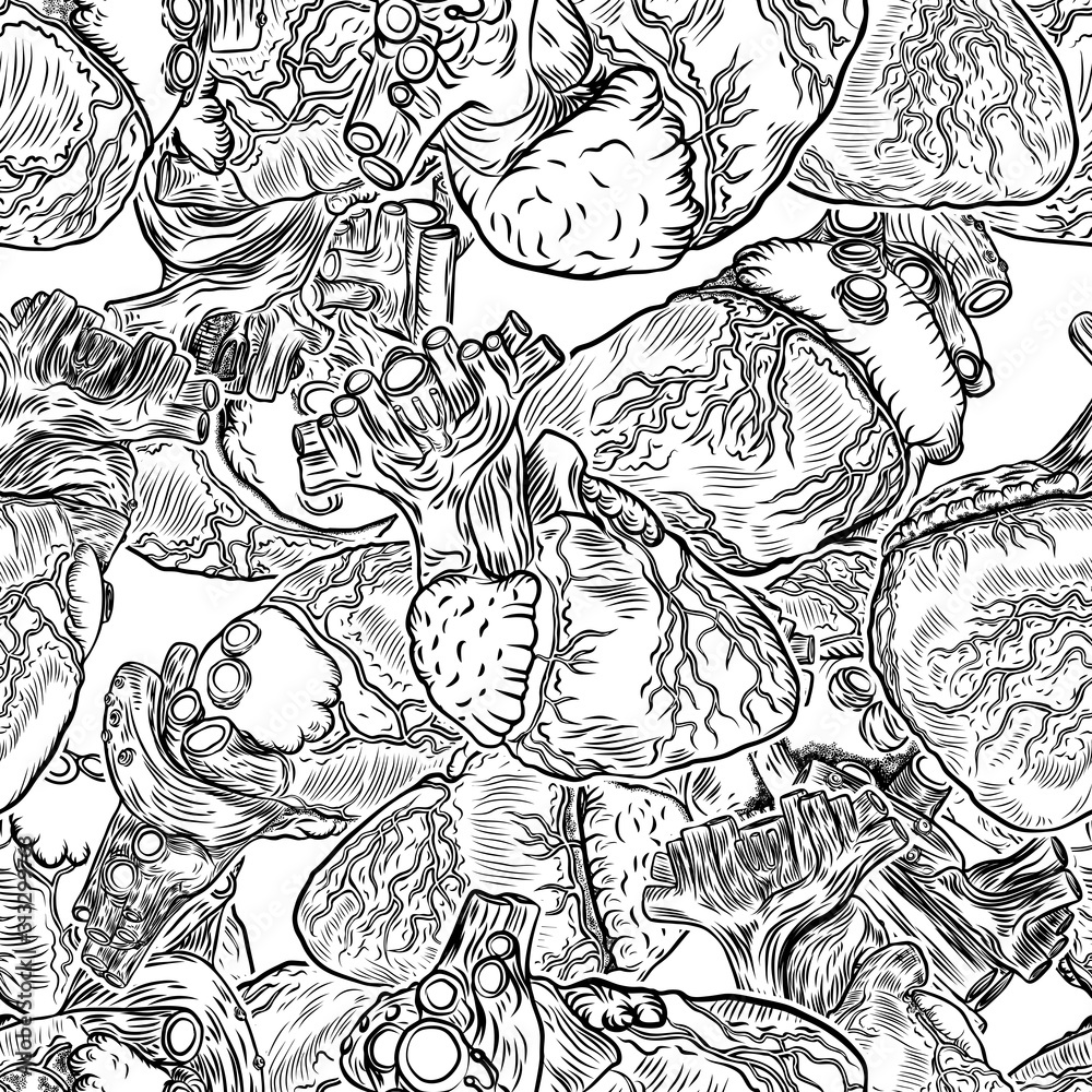 Seamless pattern of Human heart anatomically and hand drawn. Cartoonish silk dress fashion tattoo design engraving. Vector. Seamless pattern of Human heart anatomically and hand drawn. Cartoonish silk dress fashion tattoo design engraving. Vector.