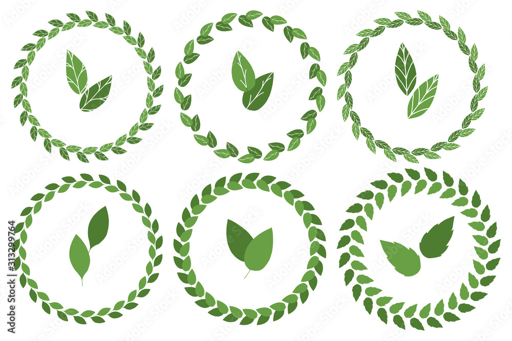 Beautiful vector floral spring wreaths isolated on white background. Botanical garlands and elements. Round frames made of green leaves. Beautiful vector floral spring wreaths isolated on white background. Botanical garlands and elements. Round frames made of green leaves.