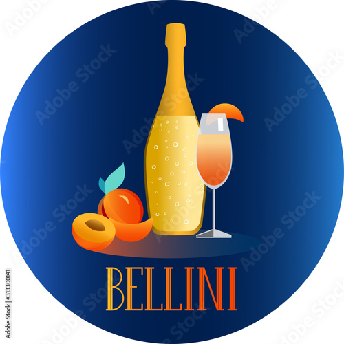 A glass of classical Bellini cocktail vector illustration