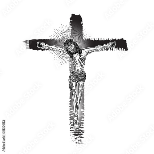 Jesus on cross painted with ink brush. Son of God Jesus Christ from mount Golgotha. Hand drawn art sketch. Vector.