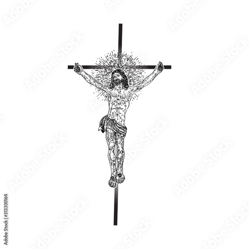 Jesus Christ on the cross with Rays of halo light and beams, symbol of saint. Crucifix drawing. Art tattoo reference template. Religion pride and glory. Good Friday Vector.