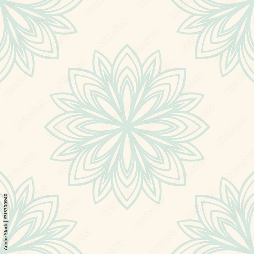 Fototapeta premium Fantasy seamless pattern with ornamental mandala. Abstract round doodle flower background. Floral geometric circle. Vector illustration. 