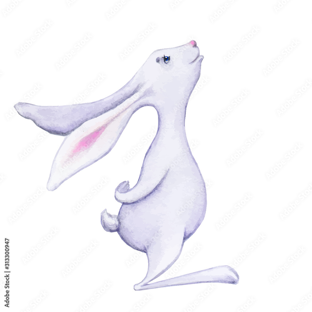 Easter bunny rabbit isolated on white. Bunny on isolated background. The rabbit from Wonderland looks up. Hare for a holiday card in a vector for printing. Easter bunny rabbit isolated on white. Bunny on isolated background. The rabbit from Wonderland looks up. Hare for a holiday card in a vector for printing.