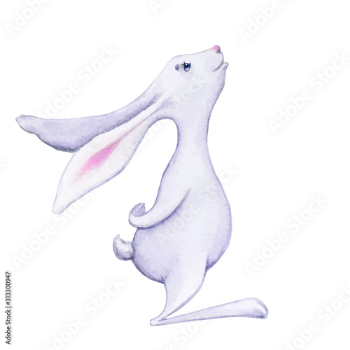 Easter bunny rabbit isolated on white. Bunny on isolated background. The rabbit from Wonderland looks up. Hare for a holiday card in a vector for printing.