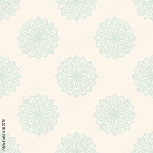 Fantasy seamless pattern with ornamental mandala. Abstract round doodle flower background. Floral geometric circle. Vector illustration. 