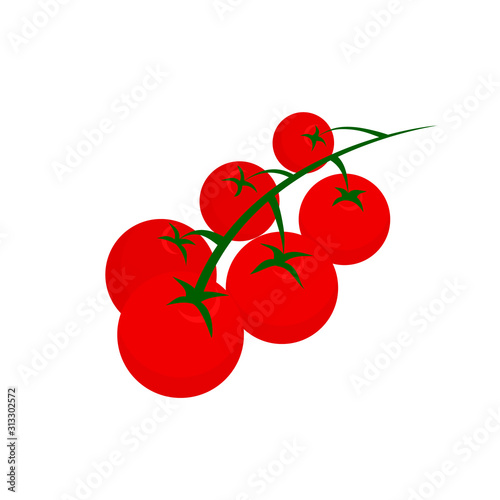 Cherry tomatoes isolated on white background. Green branch of cherry tomato icon. Pile of tomatoes on stem. Healthy food concept. Red vegetable. Agricultural product. Vector illustration, clip art. 