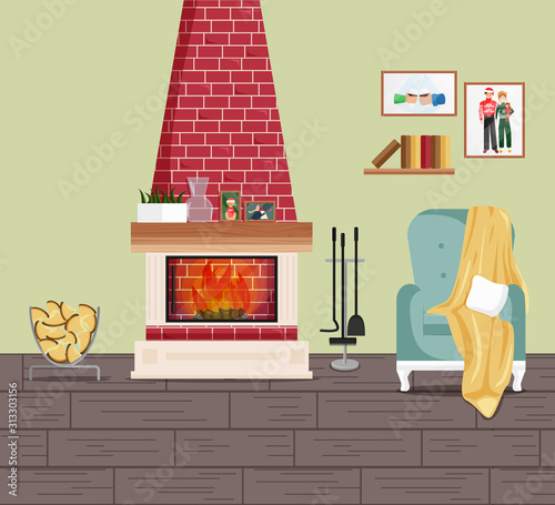 Vector Illustration of Interior with Fireplace and Armchair. American Traditional Classic Design of Living Room with Wall Pictures, Bookshelf, House Plant and Furniture. Interior in Cartoon Flat Style