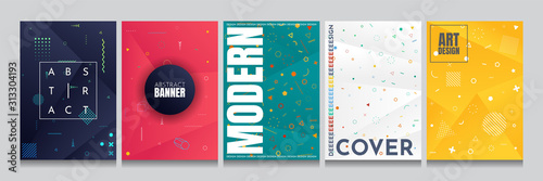 Neo Memphis pattern cover set. Vector abstract illustration. Vibrant color background. Cool bright wallpapers with polygonal design. Geometric 3d shapes. Triangle gradient posters. Paper cut concept. 