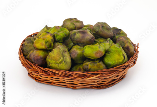 Close up of Fresh Organic Raw Water Chestnuts Also Know as Hingora, Hingoda, Singhara or Water Caltrop