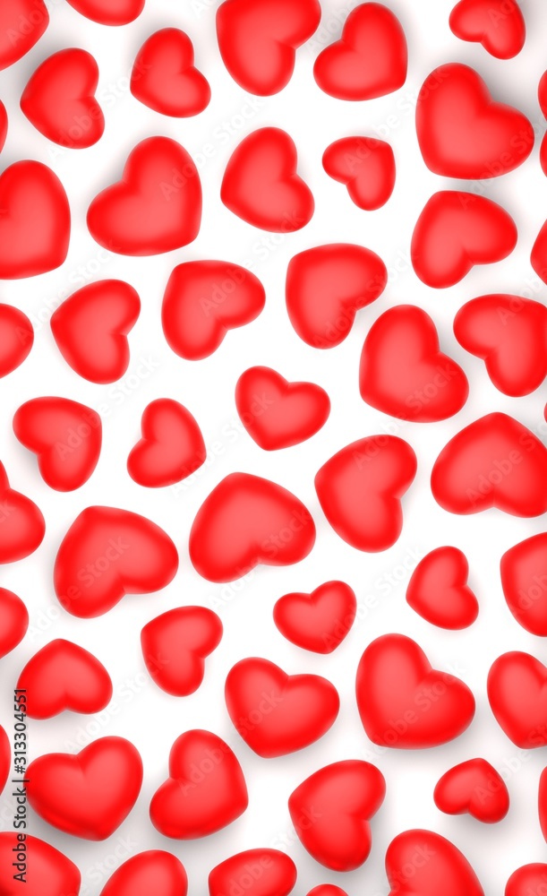 Valentines Day vertical background with hearts isolated on white background, 3D-rendering