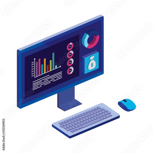 computer desktop with statistics and menu app vector illustration design
