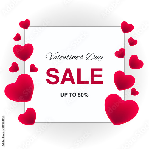 Happy Valentine's Day sale banner, poster with discount offer, text and pink hearts on isolated background