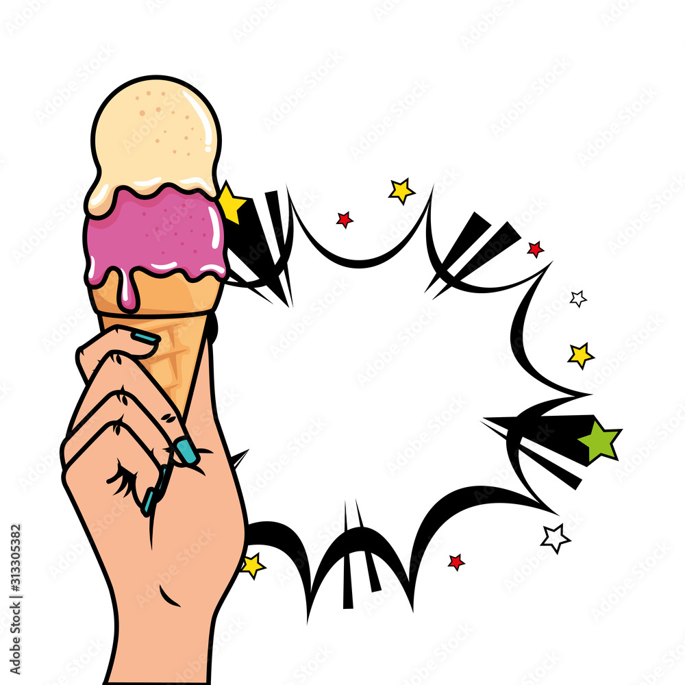 hand with ice cream and explosion pop art style icon vector illustration design