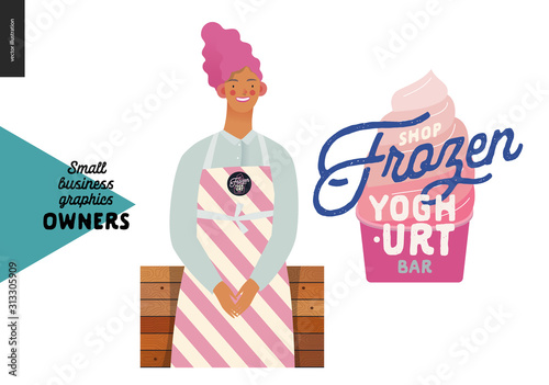 Frozen yoghurt bar -small business owners graphics -owner. Modern flat vector concept illustrations - young woman wearing striped pink apron, standing at the wooden counter. Shop logo