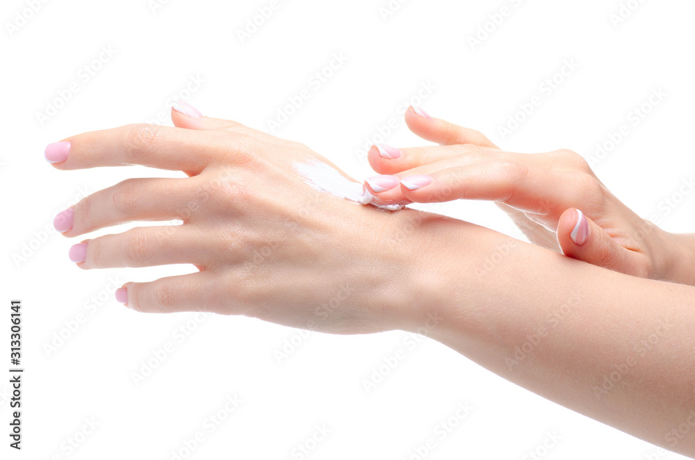 Woman female hands with cream beauty care on white background isolation