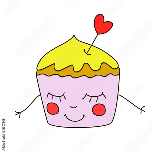 Sleeping handdrown cute cupcake with heart for Valentines day. Vector illustration