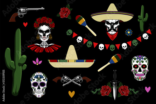 Set of vector mexican images. Skulls, cacti, revolvers. The day of the Dead. Image on a black background.